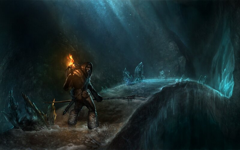 explorer in dark cave