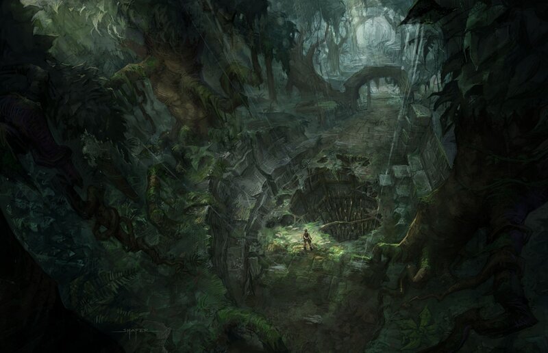 Explorer in Jungle Ruins — Green, Mysterious