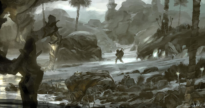 explorer in rocky landscape