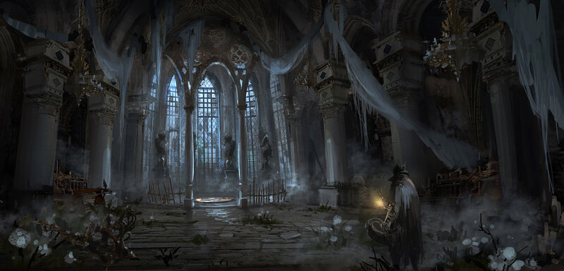 Explorer in Ruined Cathedral