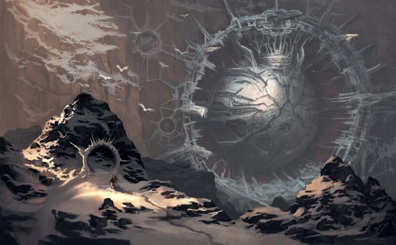 Explorer Near Ancient Ruins — Gray, Dramatic