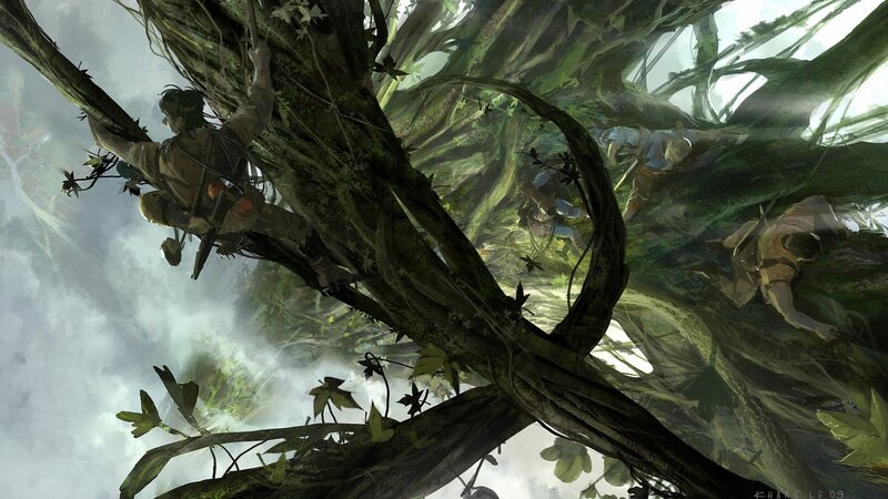 Explorers climbing ancient trees