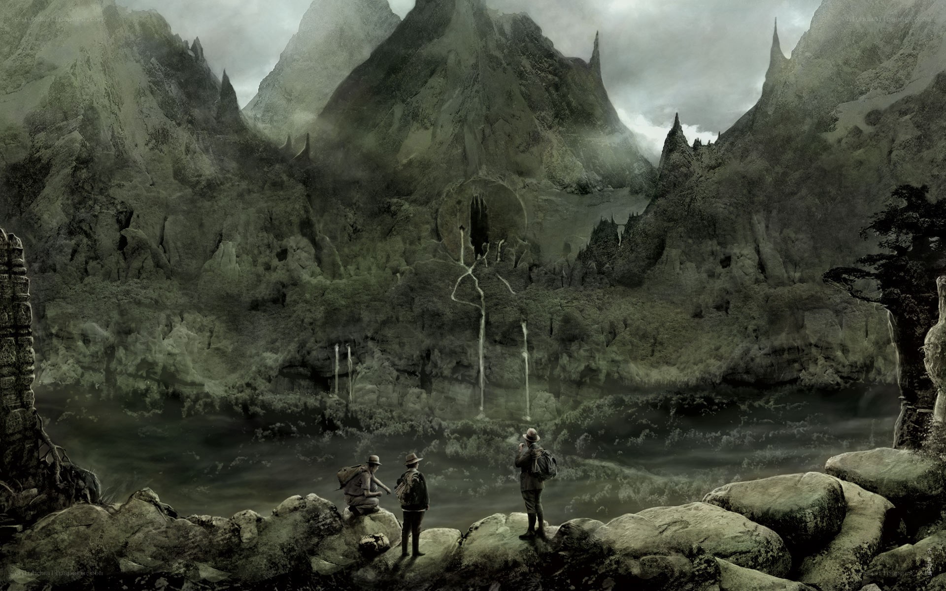 Explorers in a misty valley