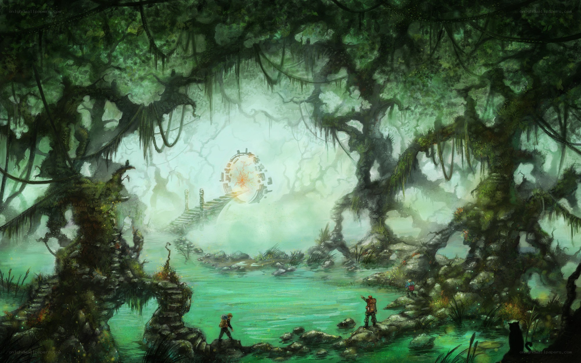 explorers in a mystical jungle