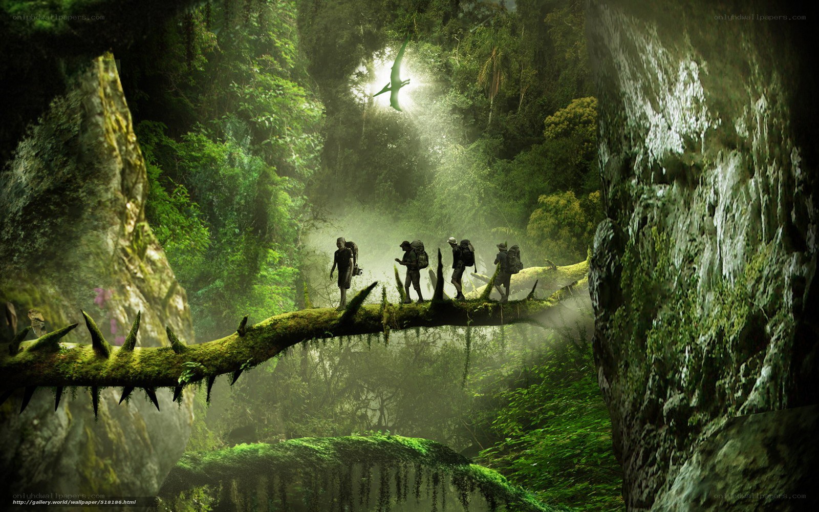 Explorers in a prehistoric jungle