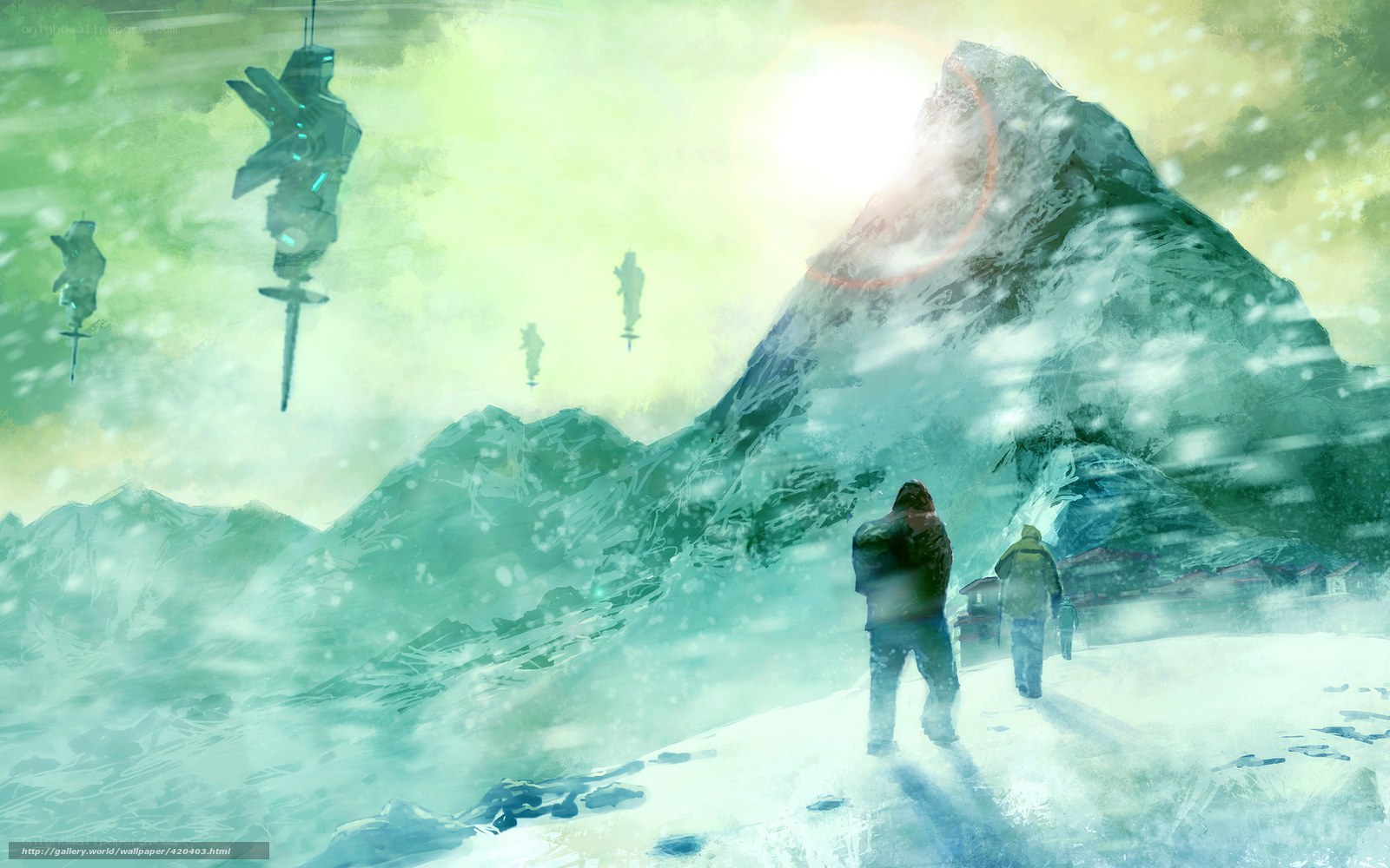 Explorers in a snowy alien landscape
