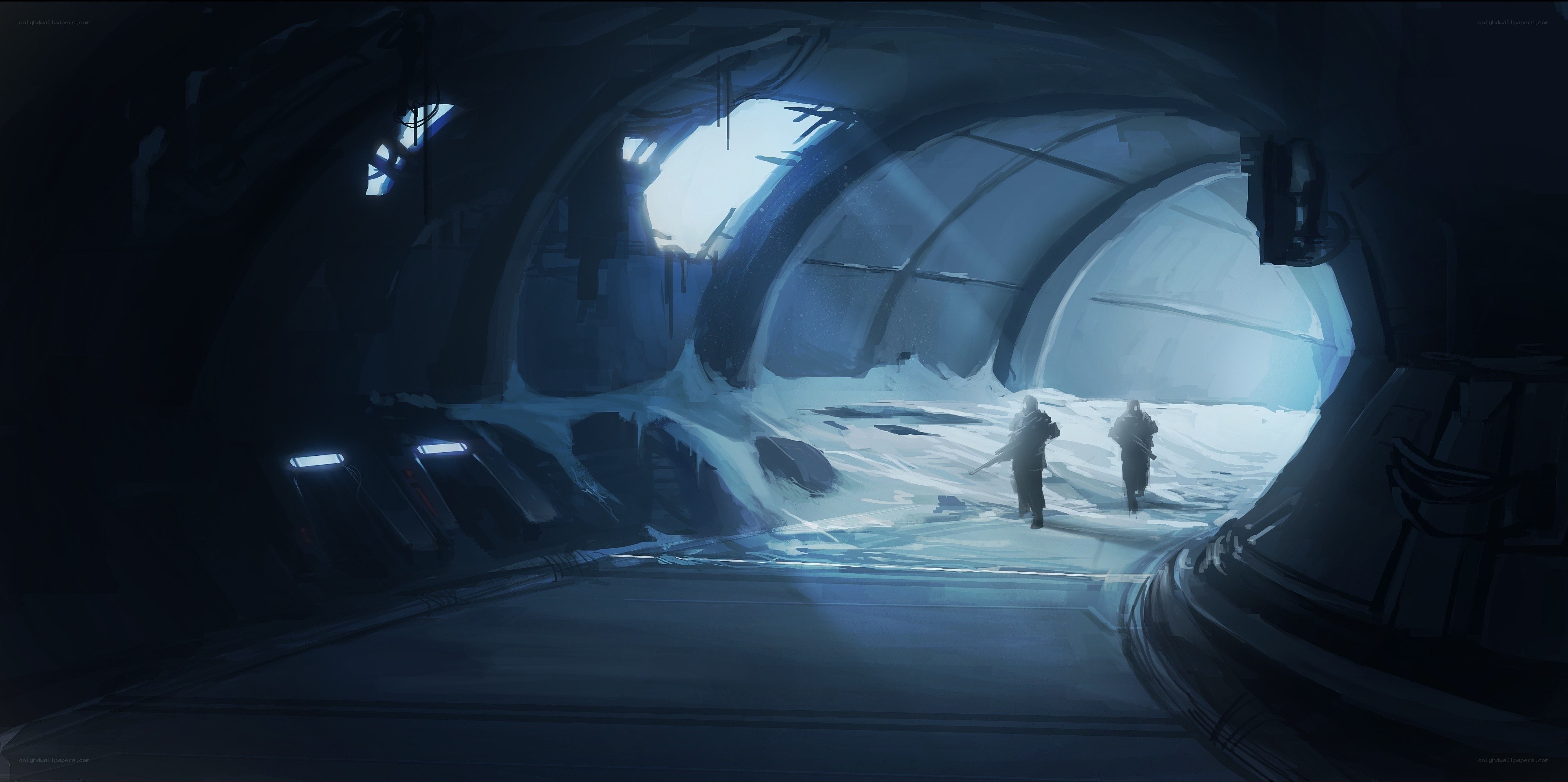 Explorers in a snowy tunnel