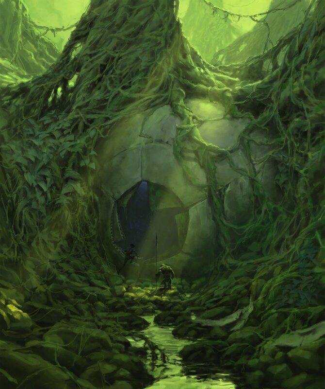 Explorers in a vine-covered cave