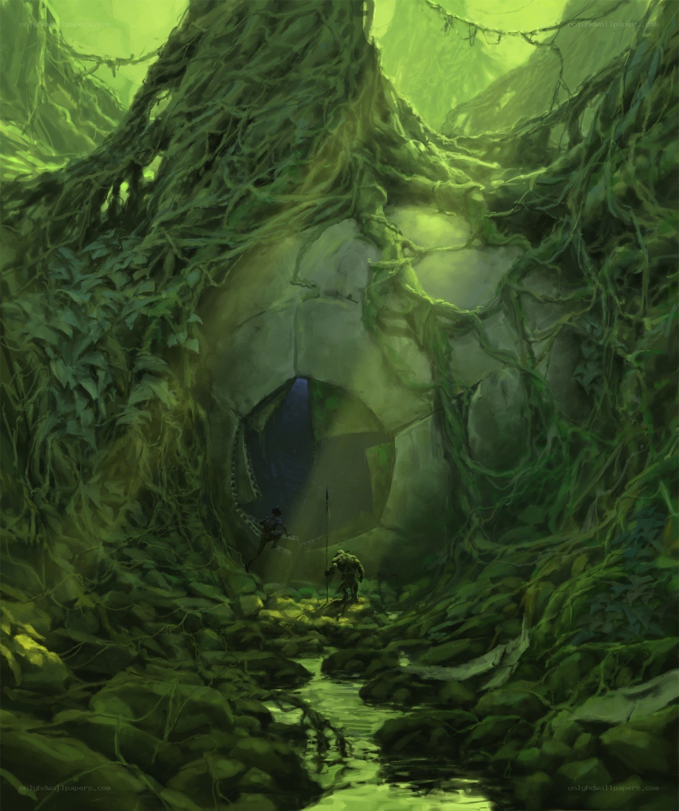 Explorers in a vine-covered cave