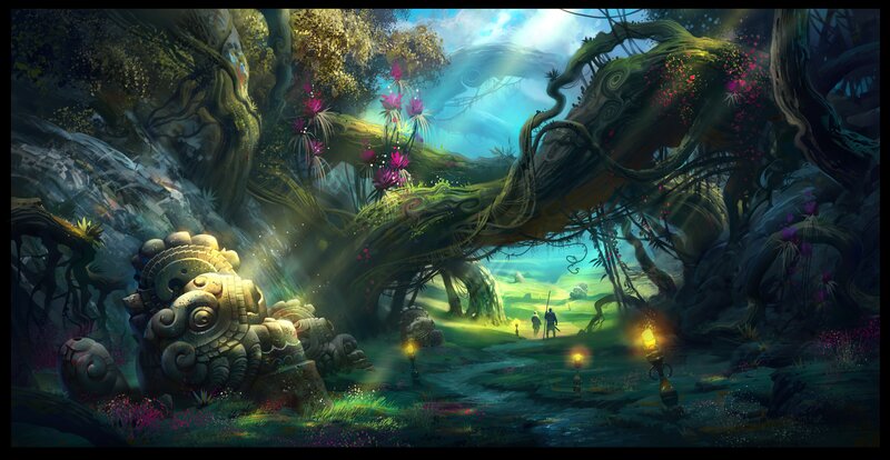 Explorers in Ancient Forest — Green, Mysterious, Morning