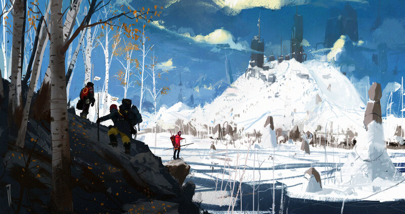 Explorers in Snowy Landscape — Blue, Dramatic