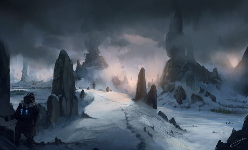 Explorers in Snowy Landscape — Gray, Dramatic