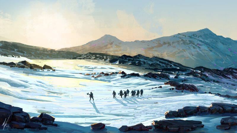 Explorers in Snowy Landscape — White, Dramatic