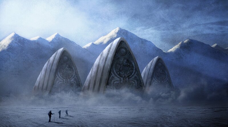Explorers near ancient structures