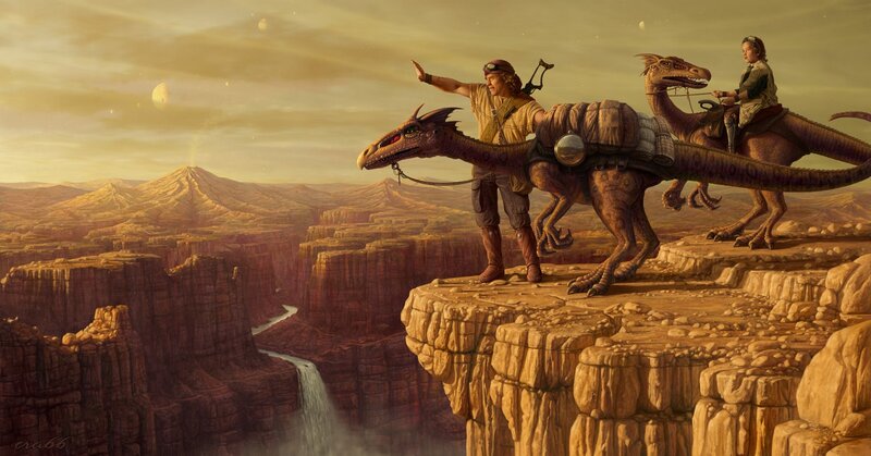 Explorers on dinosaur mounts