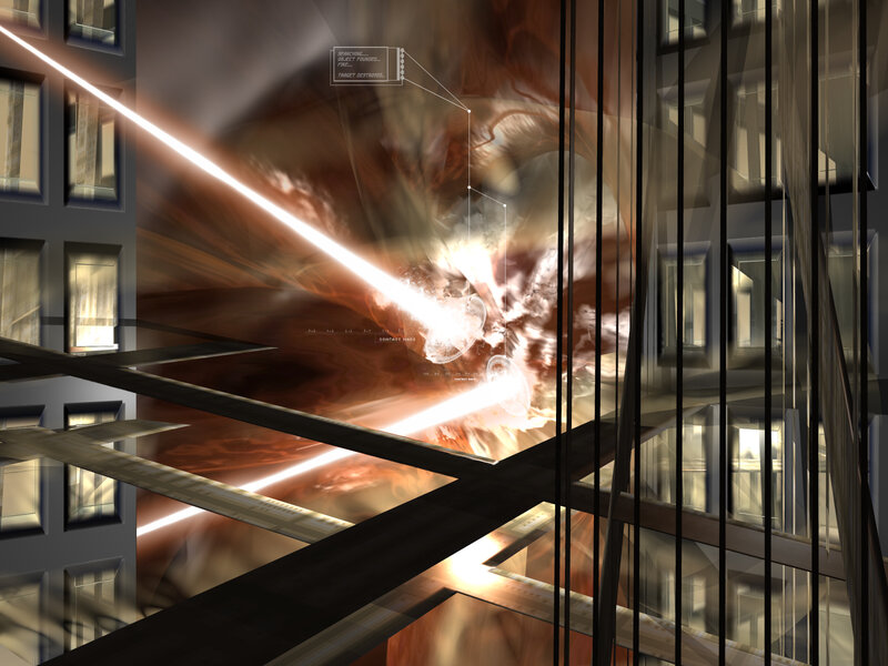Explosion in a futuristic building