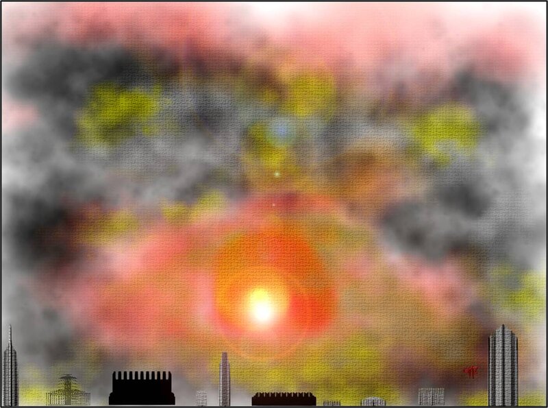 Explosion over City — Red