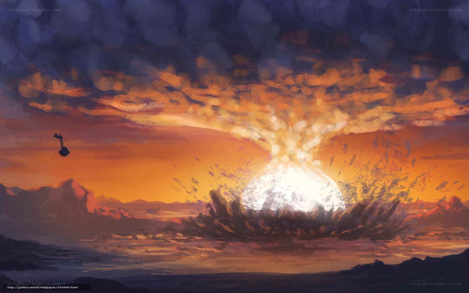 Explosion over mountainous landscape