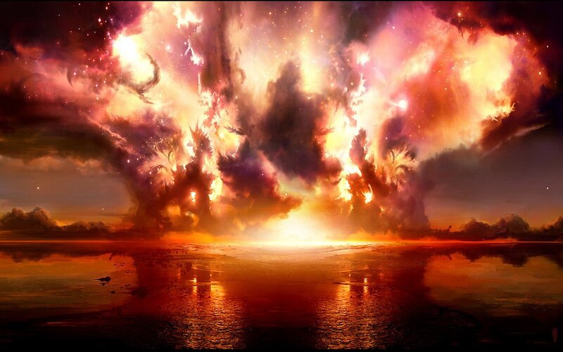 Explosive Nebula over Water — Orange, Dramatic, Night, Digital Art, Clouds, Stars, Reflection, Red