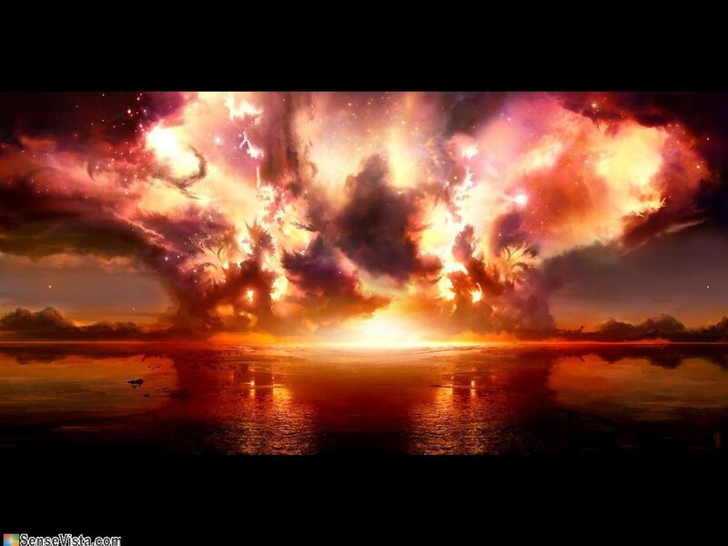 Explosive Nebula over Water — Orange, Dramatic, Night, Digital Art, Clouds, Stars, Reflection