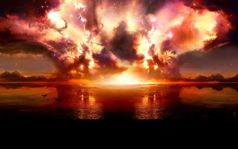 Explosive Nebula over Water — Orange, Dramatic, Night, Digital Art, Clouds, Stars