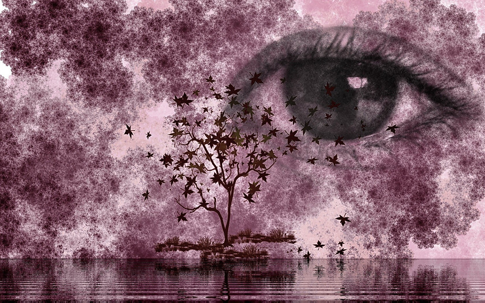 eye and tree in purple mist