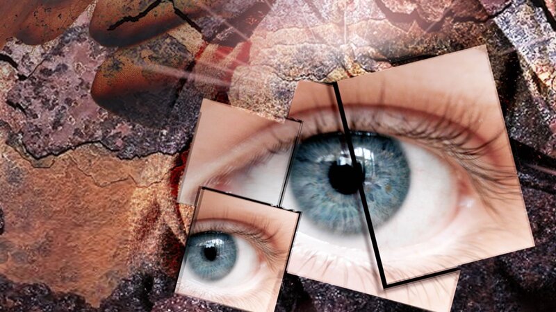 eye collage on cracked surface
