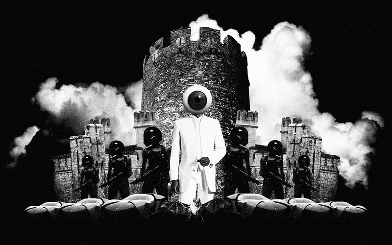 Eye-headed figure in front of castle