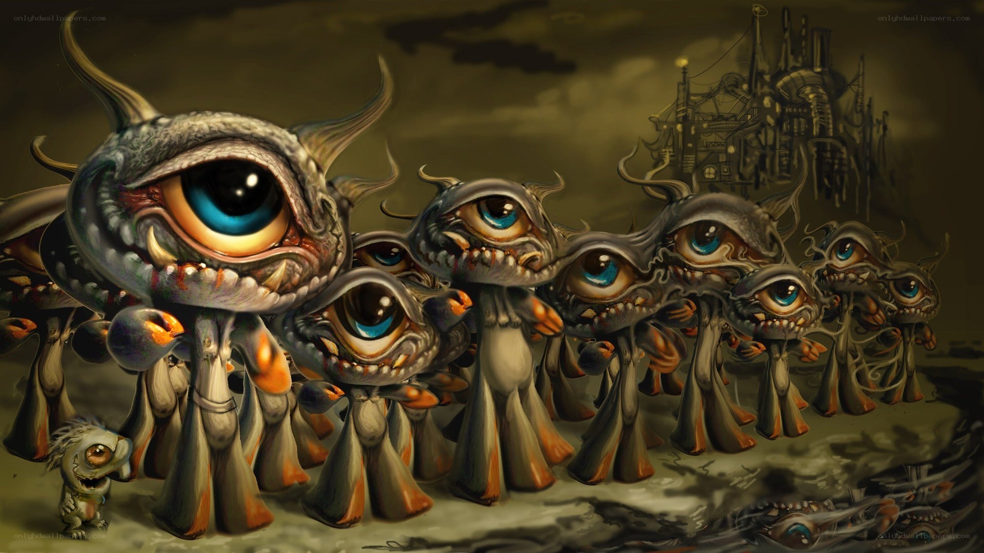 Eye monsters in a dark landscape