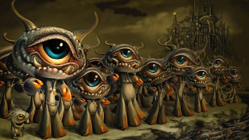Eye monsters in a dark landscape