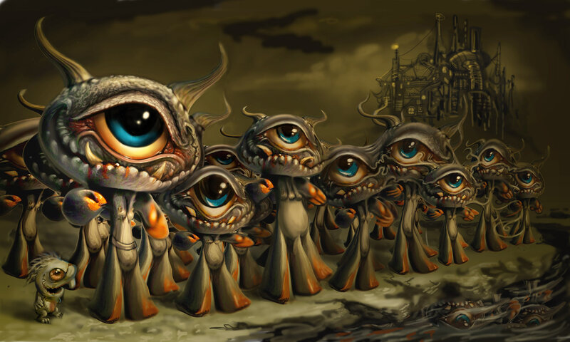 Eye monsters in a dark landscape