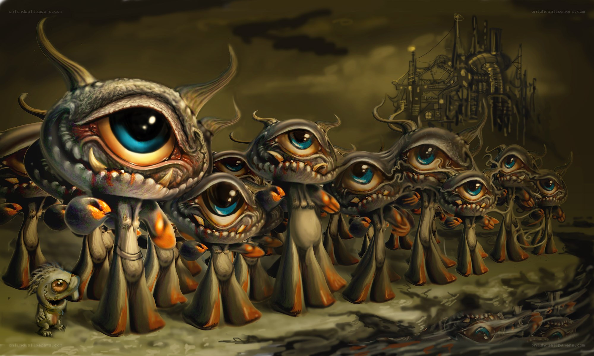 Eye monsters in a dark landscape