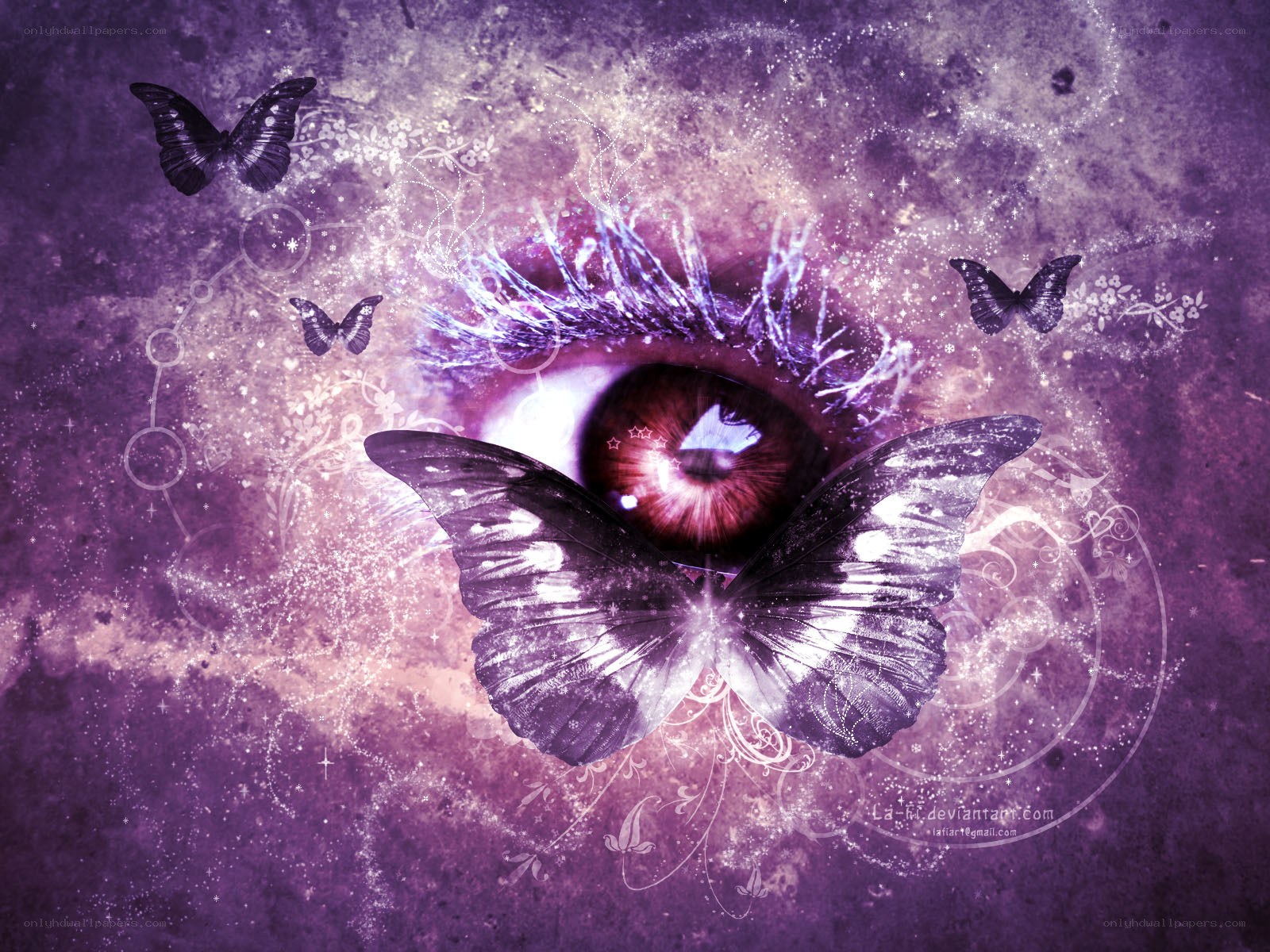 eye with butterfly and purple aura