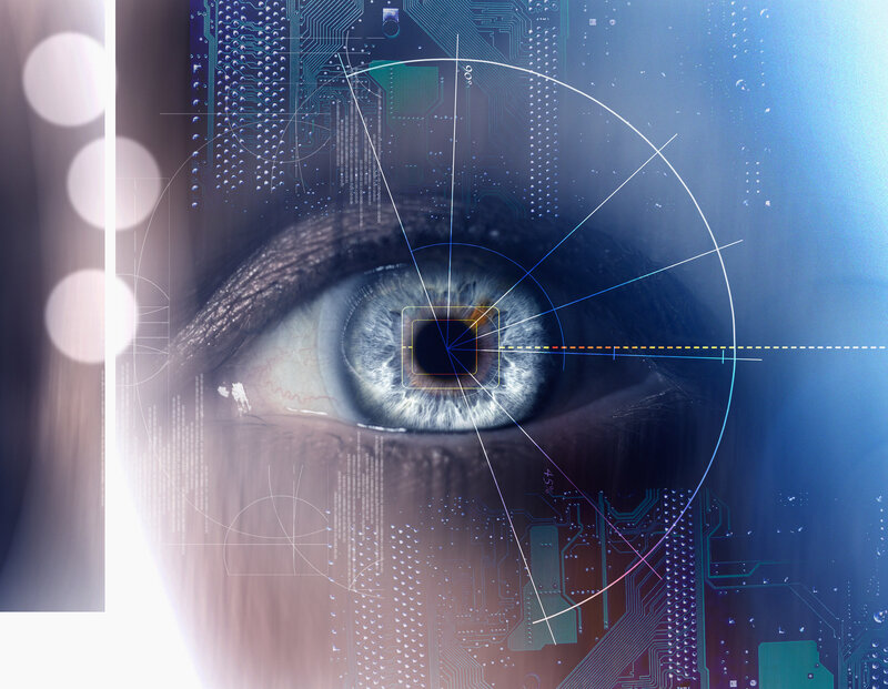 eye with circuit board overlay
