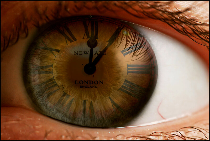 Eye with Clock Face — Brown, Dramatic, Photograph