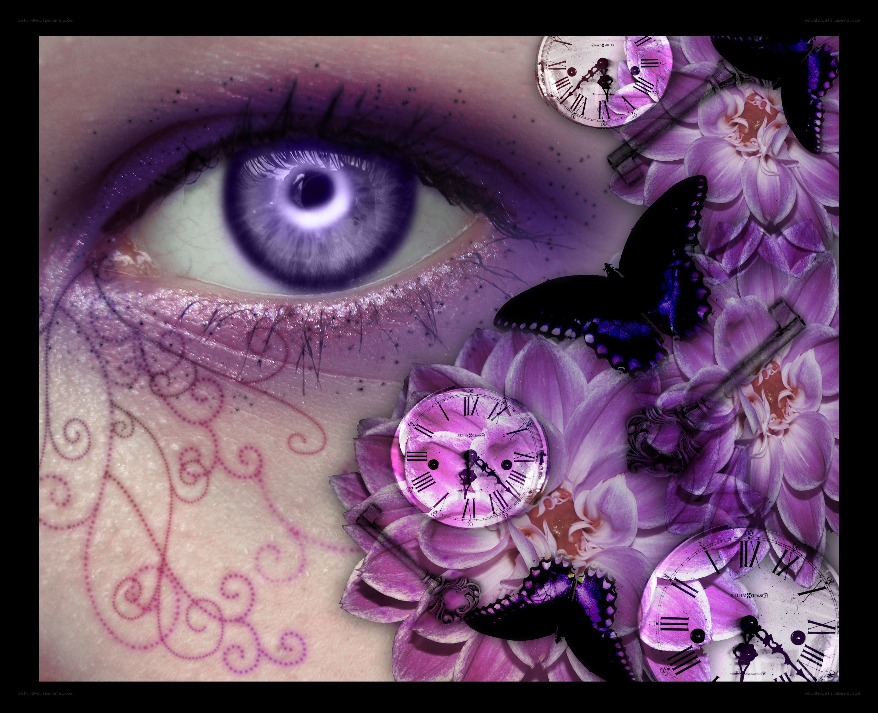 eye with clocks and flowers