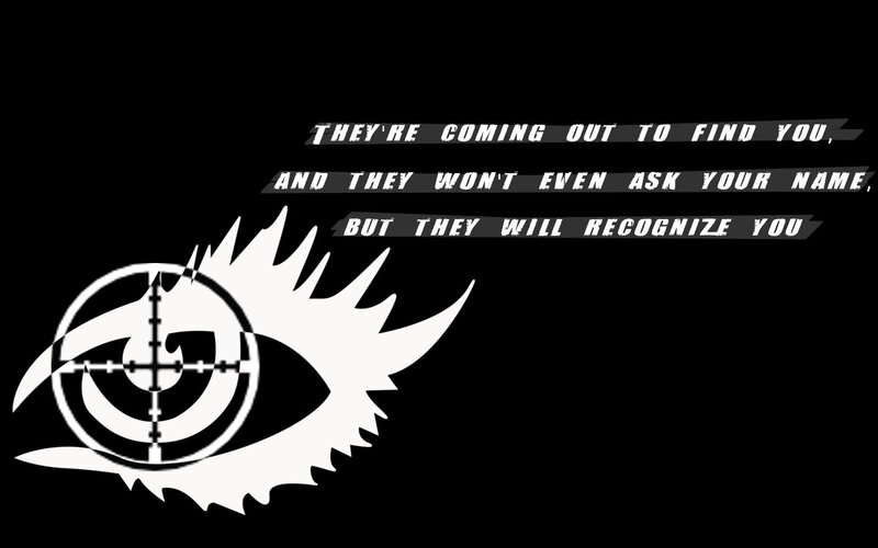 Eye with crosshair and warning text