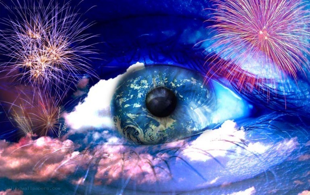 eye with fireworks and earth