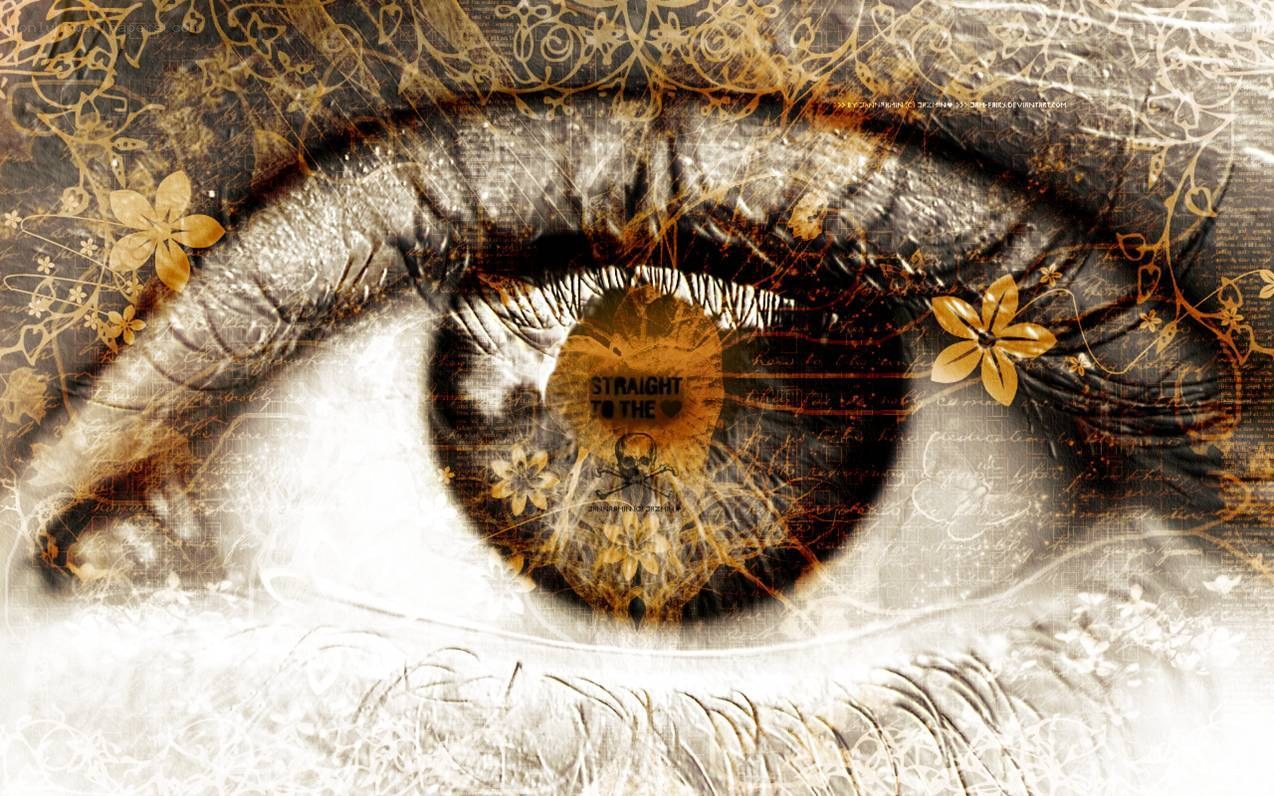 eye with floral and text overlay