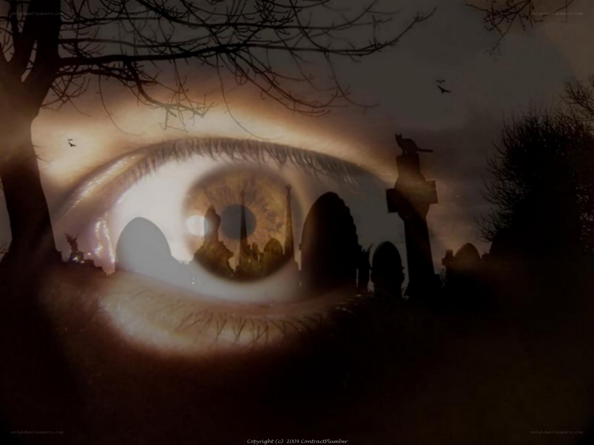 eye with graveyard scene
