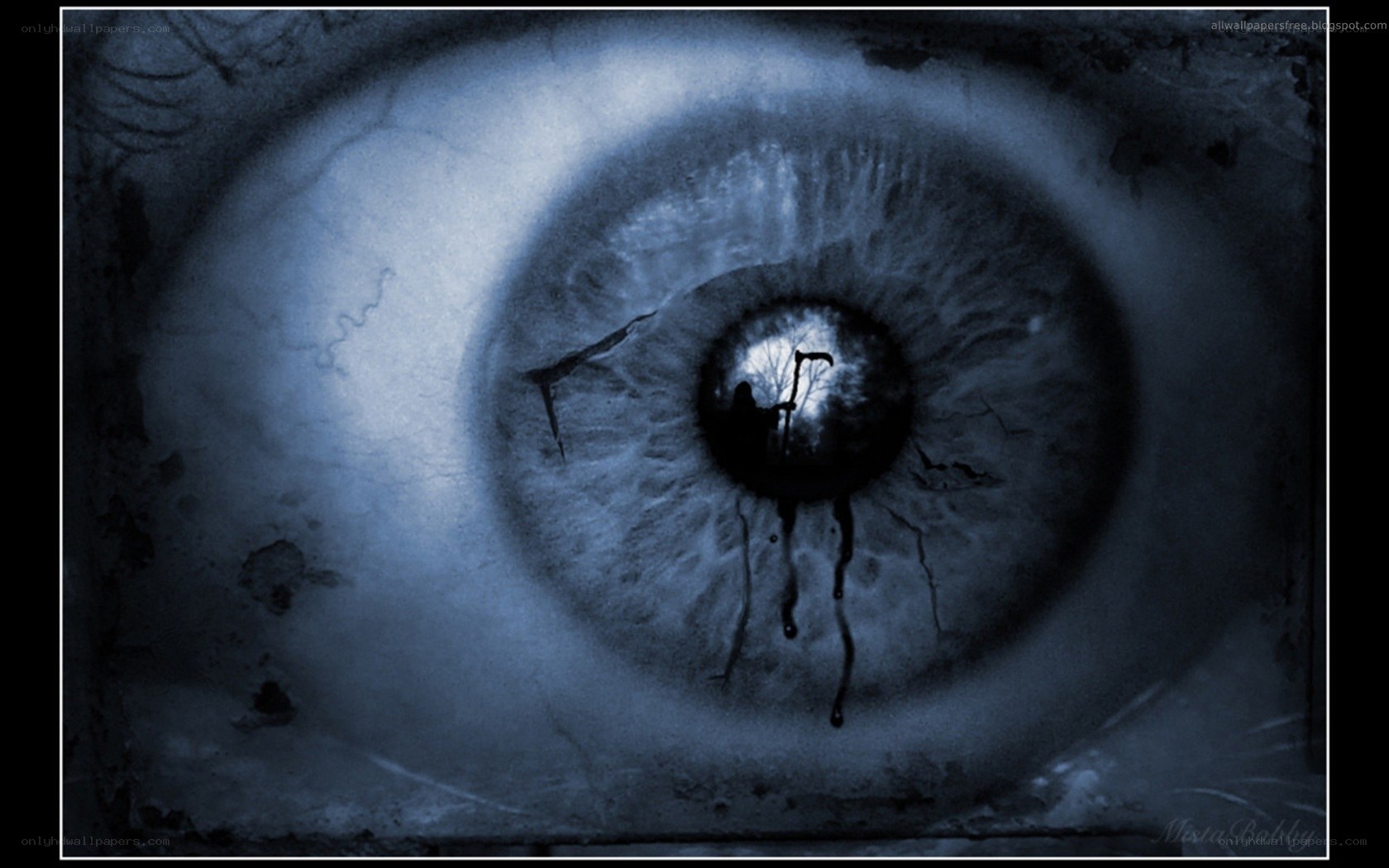 eye with grim reaper reflection