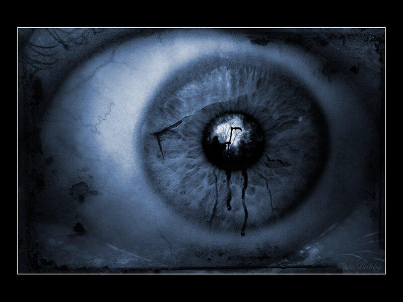 eye with grim reaper reflection