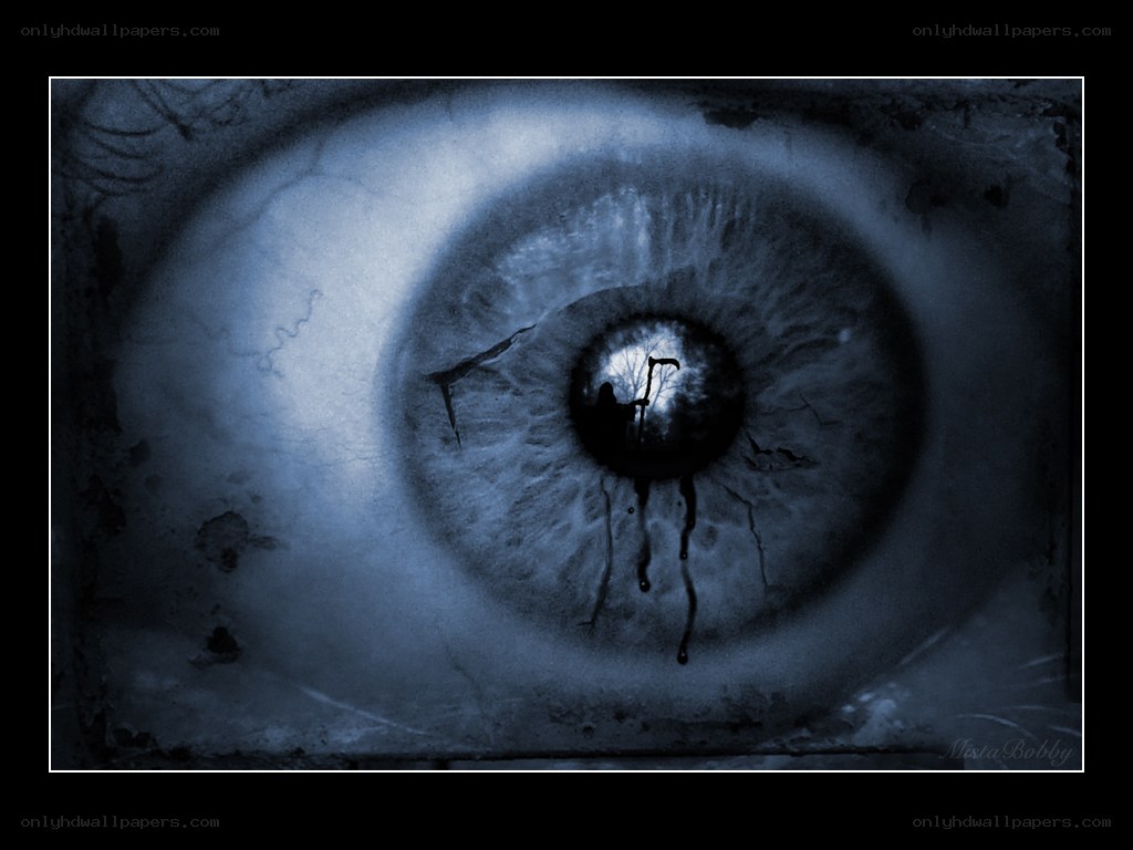 eye with grim reaper reflection