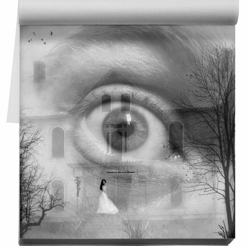 eye with house and woman