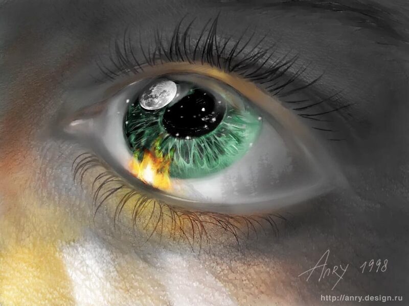 eye with moon and fire reflection