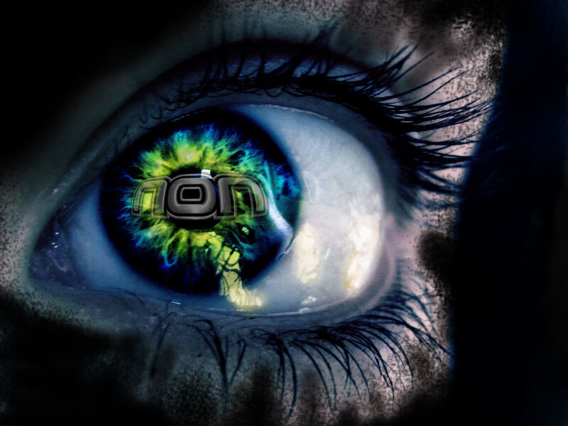 eye with neon logo reflection