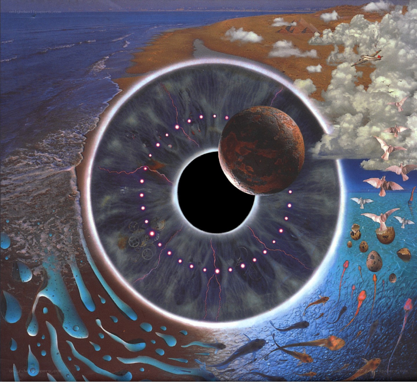 eye with planet and surreal landscape
