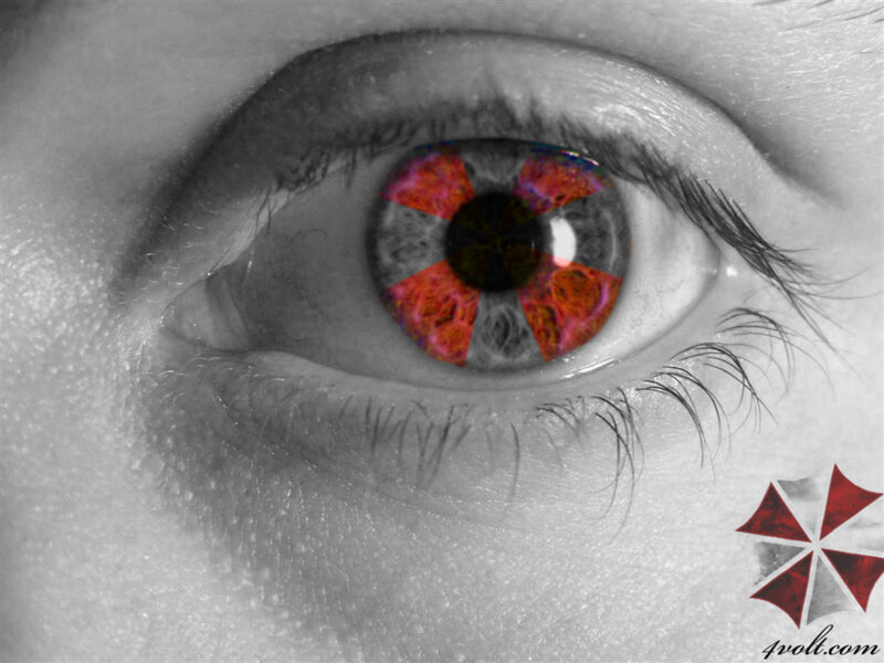 eye with red iris and logo