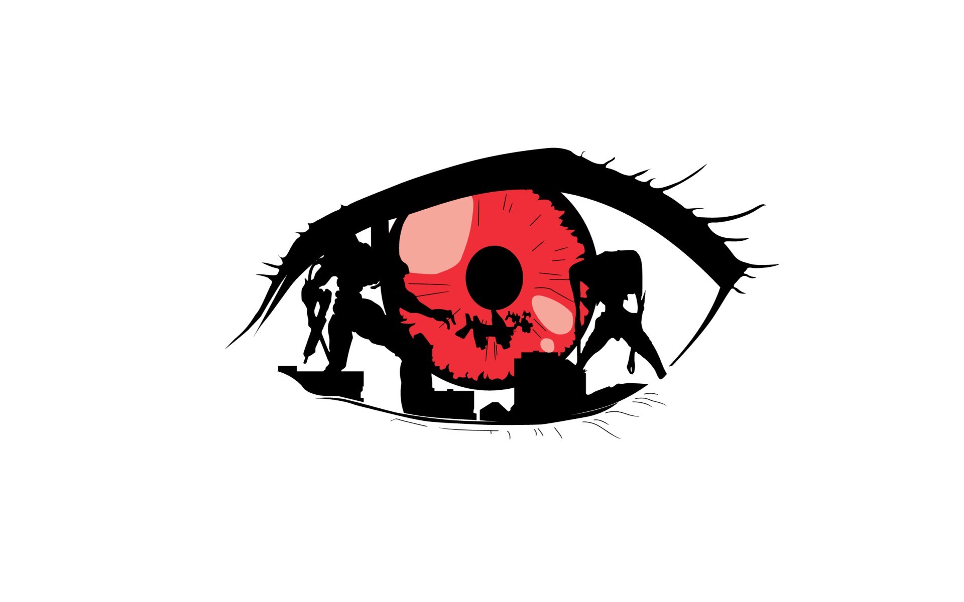 Eye with red iris and silhouettes