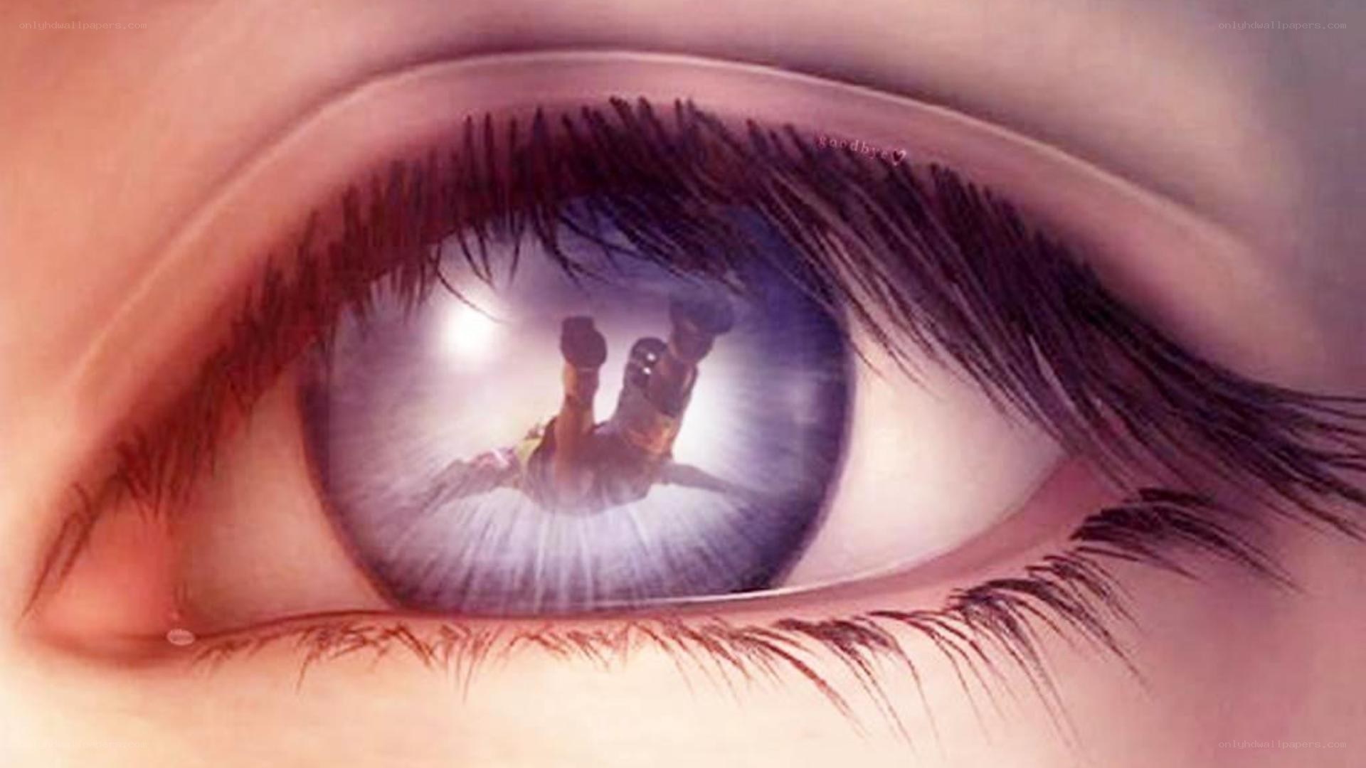 eye with reflection of falling person
